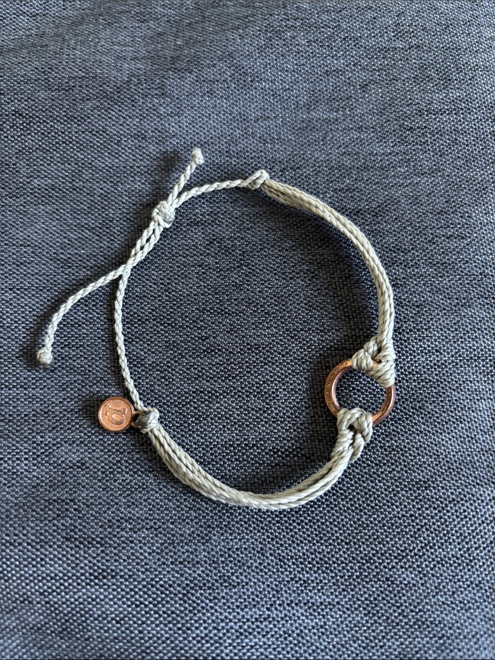Pura Vida Adjustable Rope Bracelet with Rose Gold Ring - Light Gray